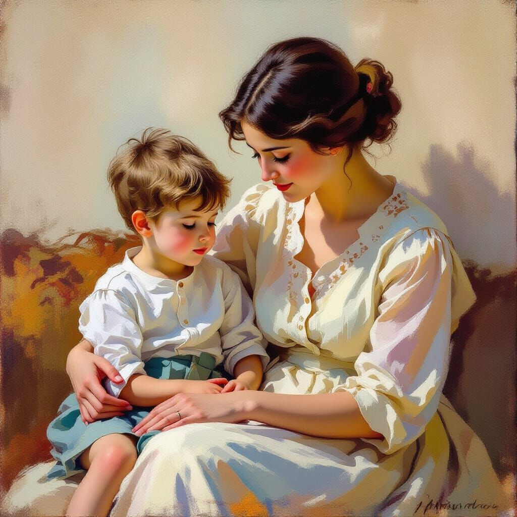 Tender Mother Son Portrait in Impressionist Style