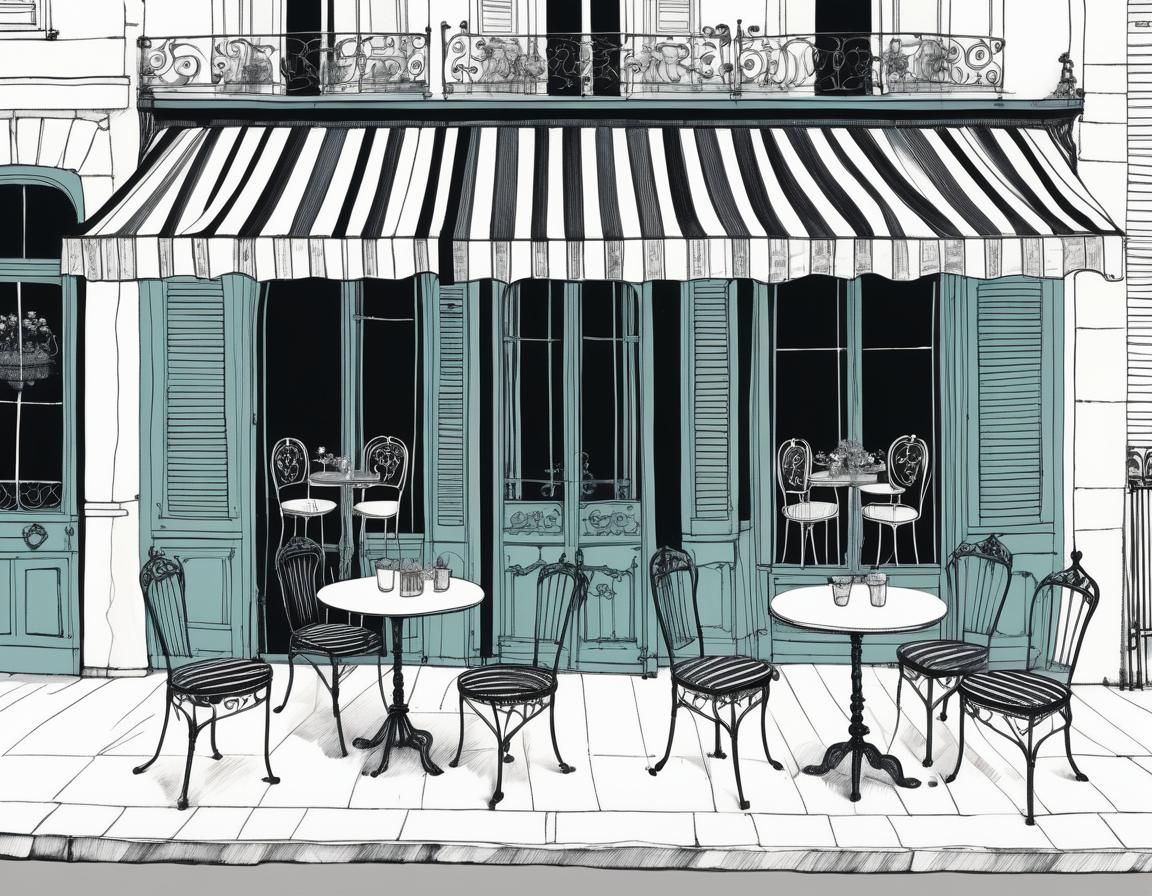 "Edward Gorey style illustration of Quaint Parisian cafe wit...