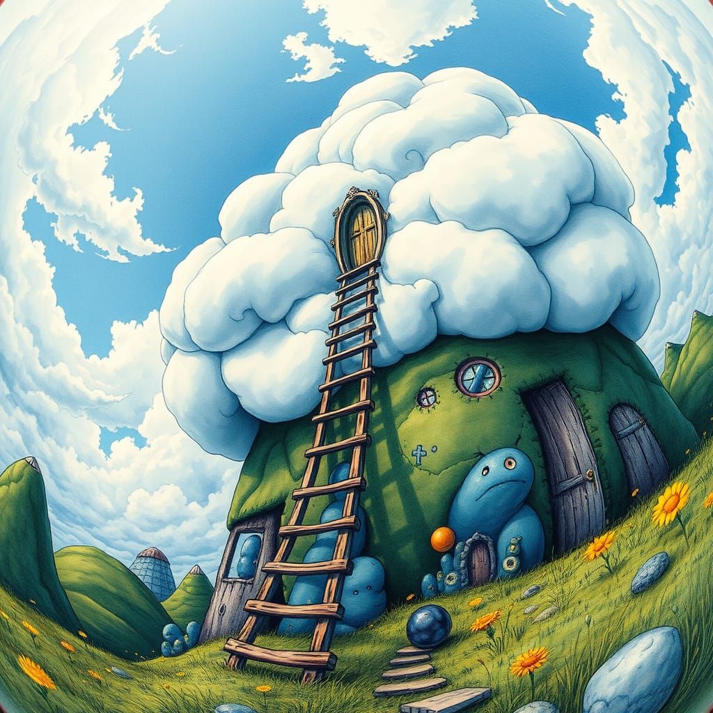 Ladder to Sky Door: Whimsical Watercolor Illustration