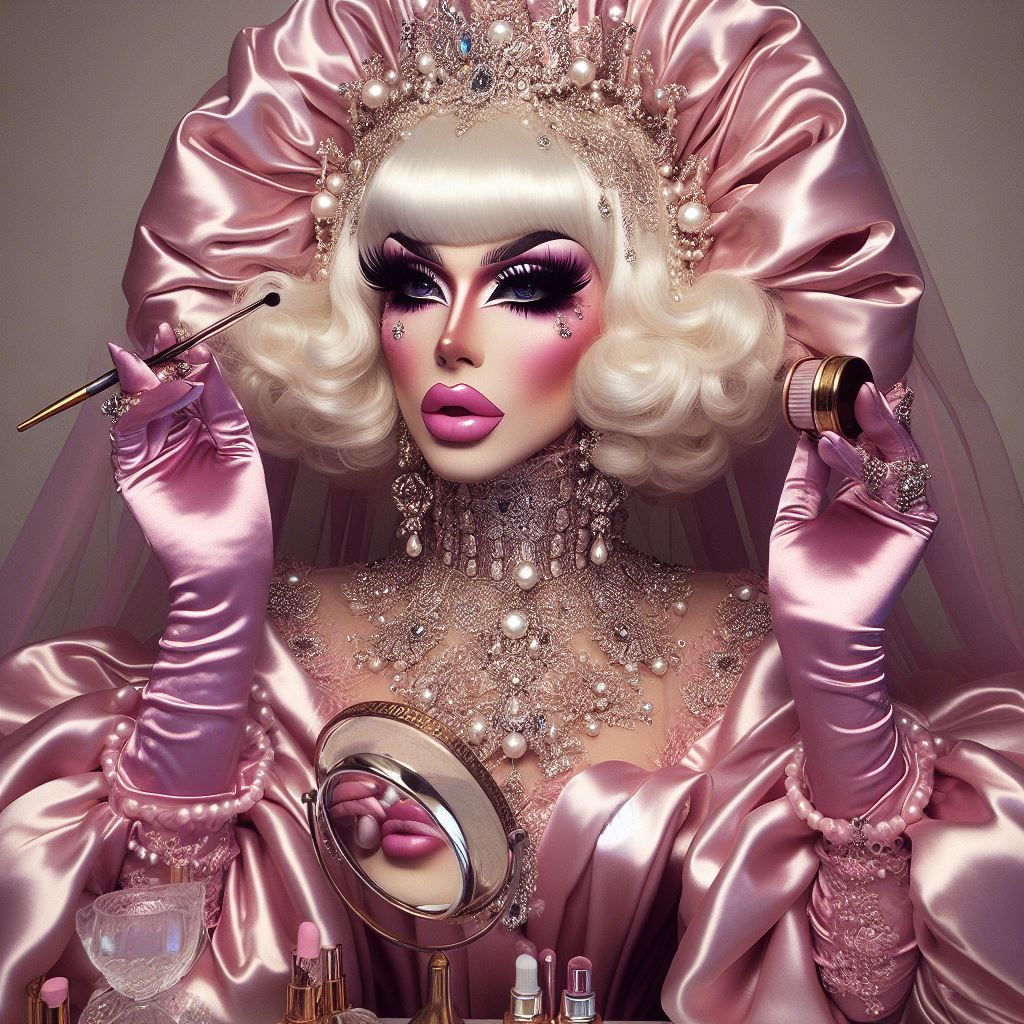 Satin Wonderland of Sissy Dresses and Wigs and Gloves and Makeup Mirrors. Poofy Extravagant Ultra Femme Drag Queen