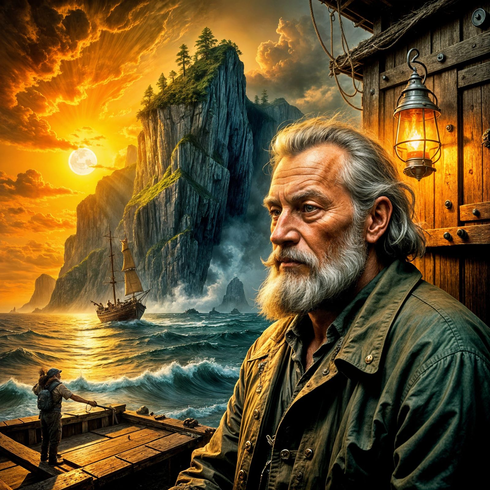 No-Theme Thursday: "A grizzled old sailor with a wild beard and wispy hair, gazing out from the dimly lit cabin of a weathered ...  by @Lennis