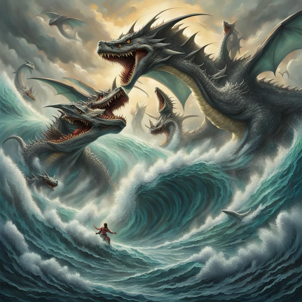 "Illustrate a scene of epic proportions featuring two mighty...