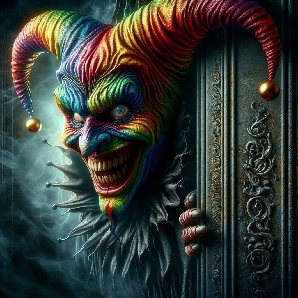the creepy jester looking from a corner.