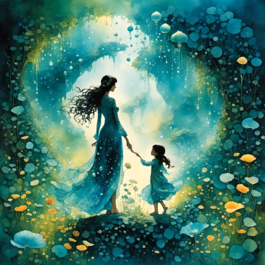 <lora:Xray:1.0> Mother and daughter: 1.5) at the end of the world, Silhouette art, Chinese ink painting, Watercolor, intricate brushwork, co...