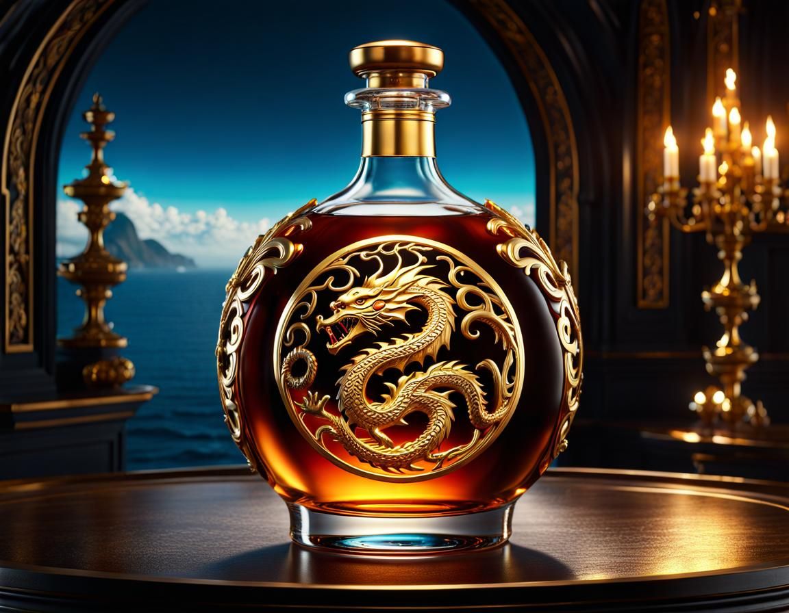 Golden dragon on a glass brandy bottle - AI Generated Artwork