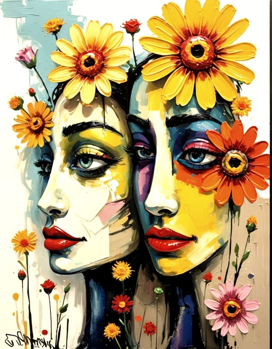 Two stylized faces AI Generated Artwork NightCafe Creator