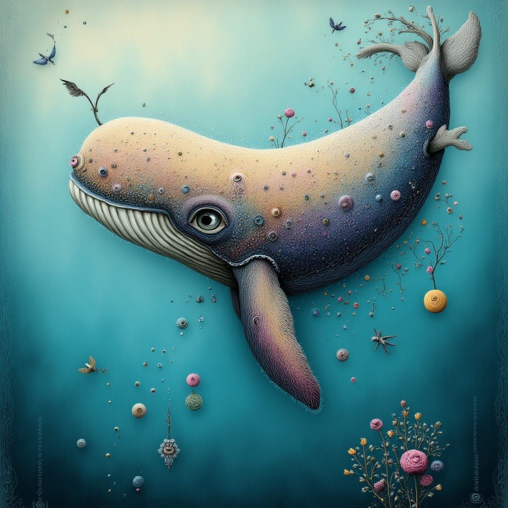 <lora:DIGI-DOLLYING AROUND:1.0> Vibrant, abstract whale, swirling through a dreamy, turquoise ocean, reminiscent of the styles of Ash Thorp,...