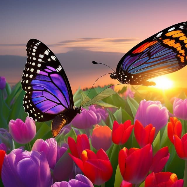 detailed colorful butterfly on tulips at a beautiful sunset,...