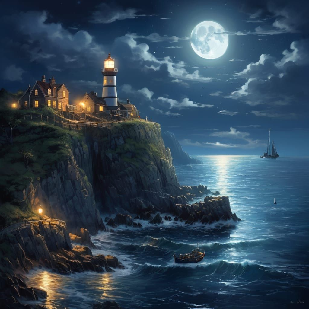 A village of light and mystery on the coast of the sea -tall ships anchored  to a long Warf a small old ...  by @Sumikokeel