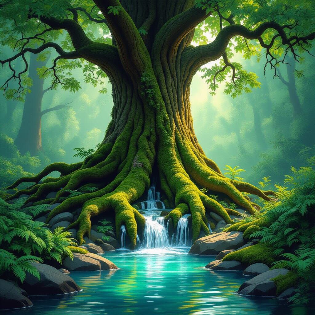 a large tree with a stream of water coming out of its base from around the roots