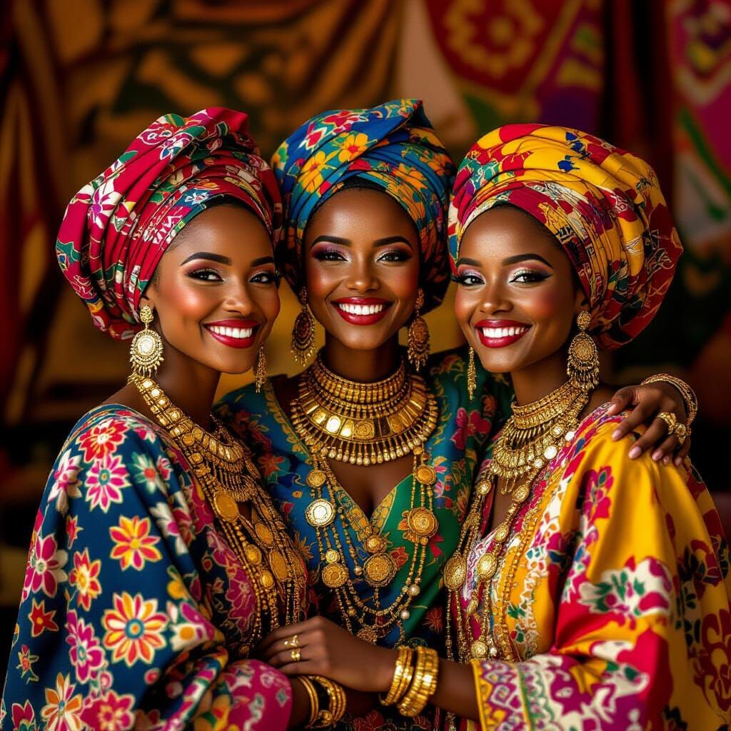 A group of happy Sudanese women wearing colorful traditional tobes with vibrant patterns, celebrating ...  by @Rayanaa