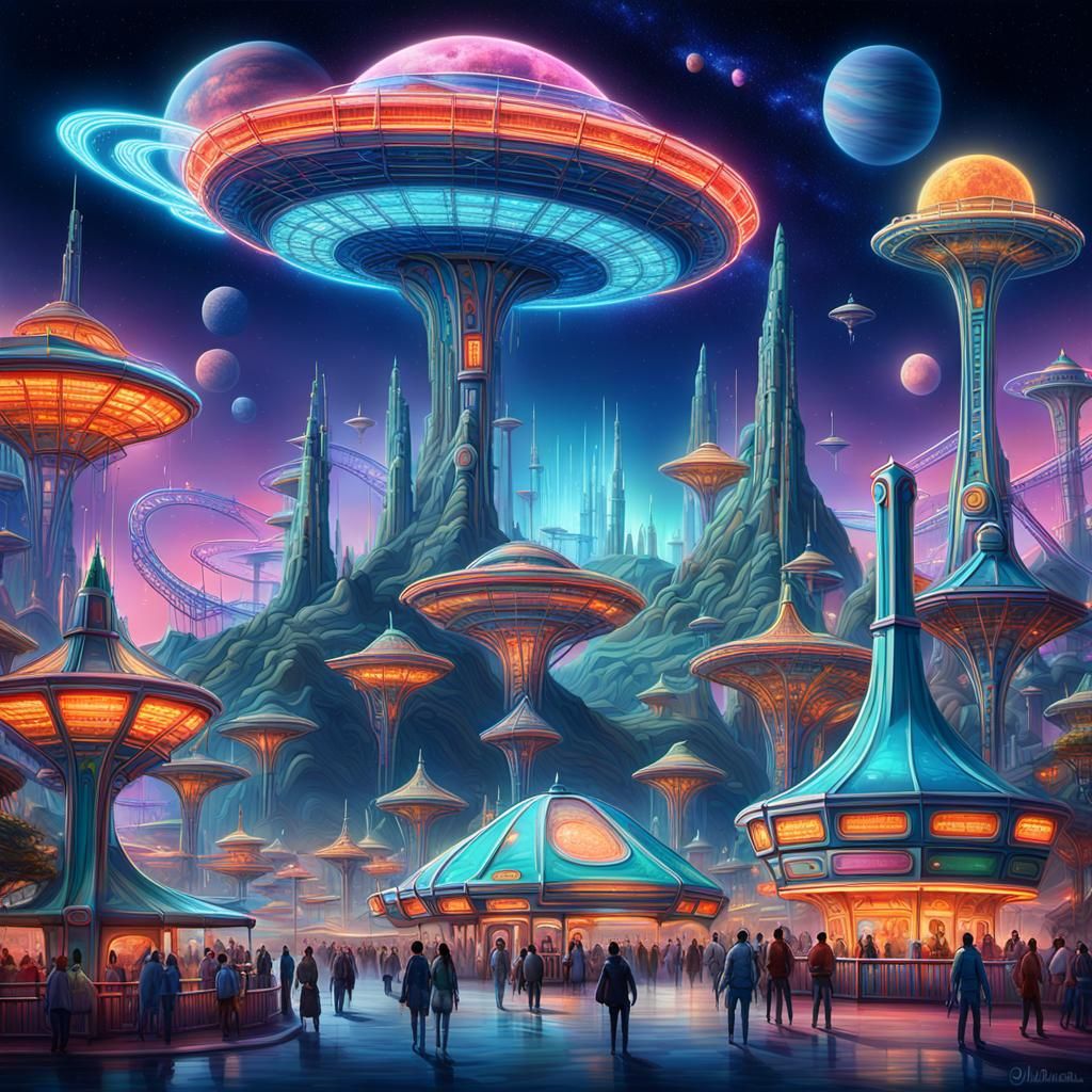 Amusement park nestled on the vibrant, alien terrain of an o...