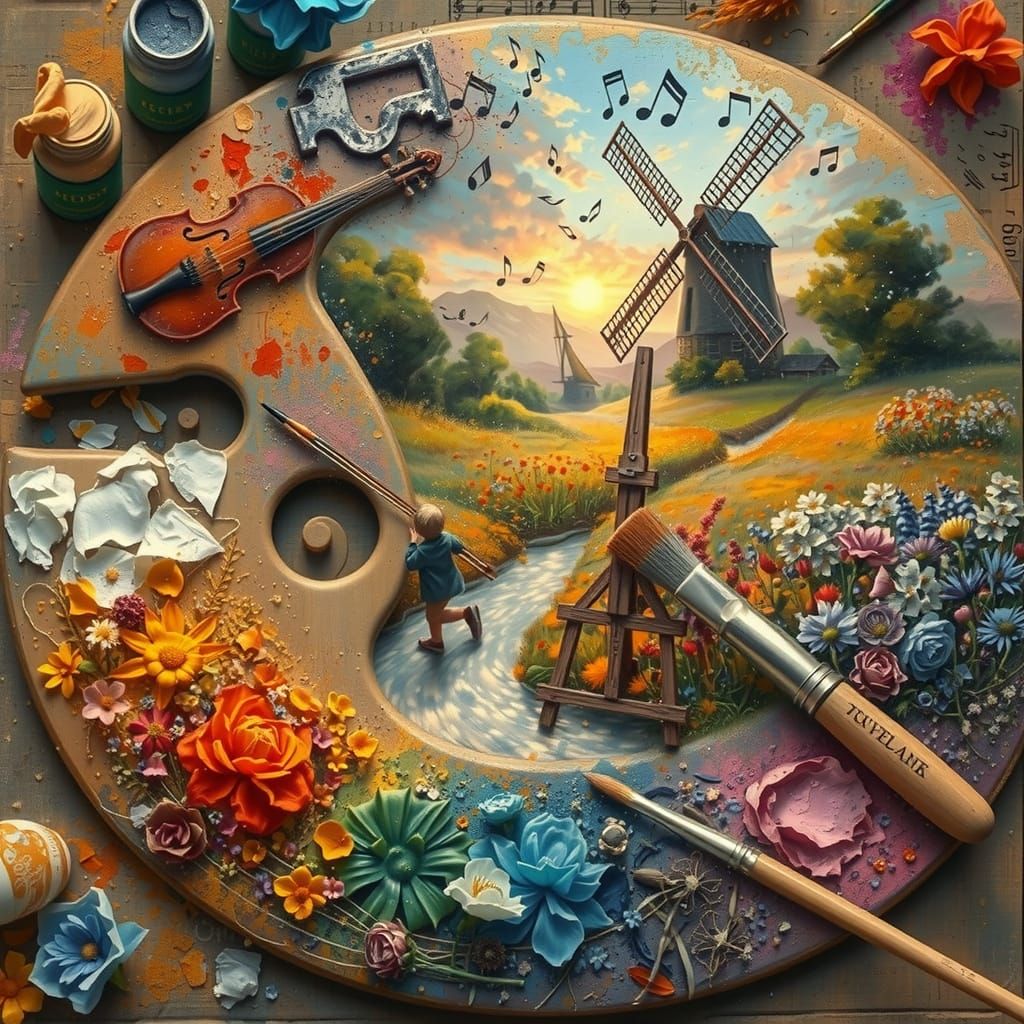 A highly detailed fantasy art of a painter's palette in close-up with a worn brush. The surface reveals a miniature impressionistic landscap...