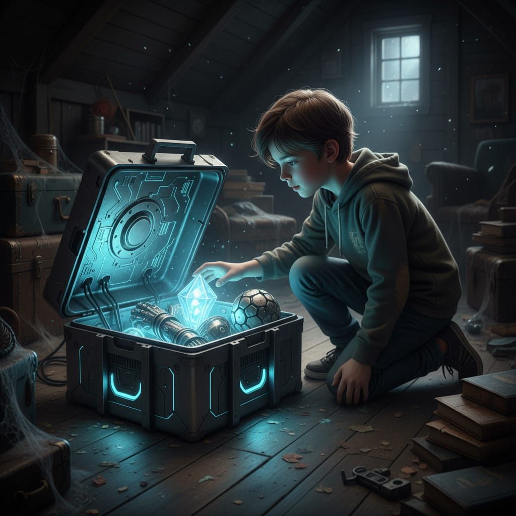 A young boy discovers a high-tech vault box holding alien artifacts in a dark attic  by @rrruss