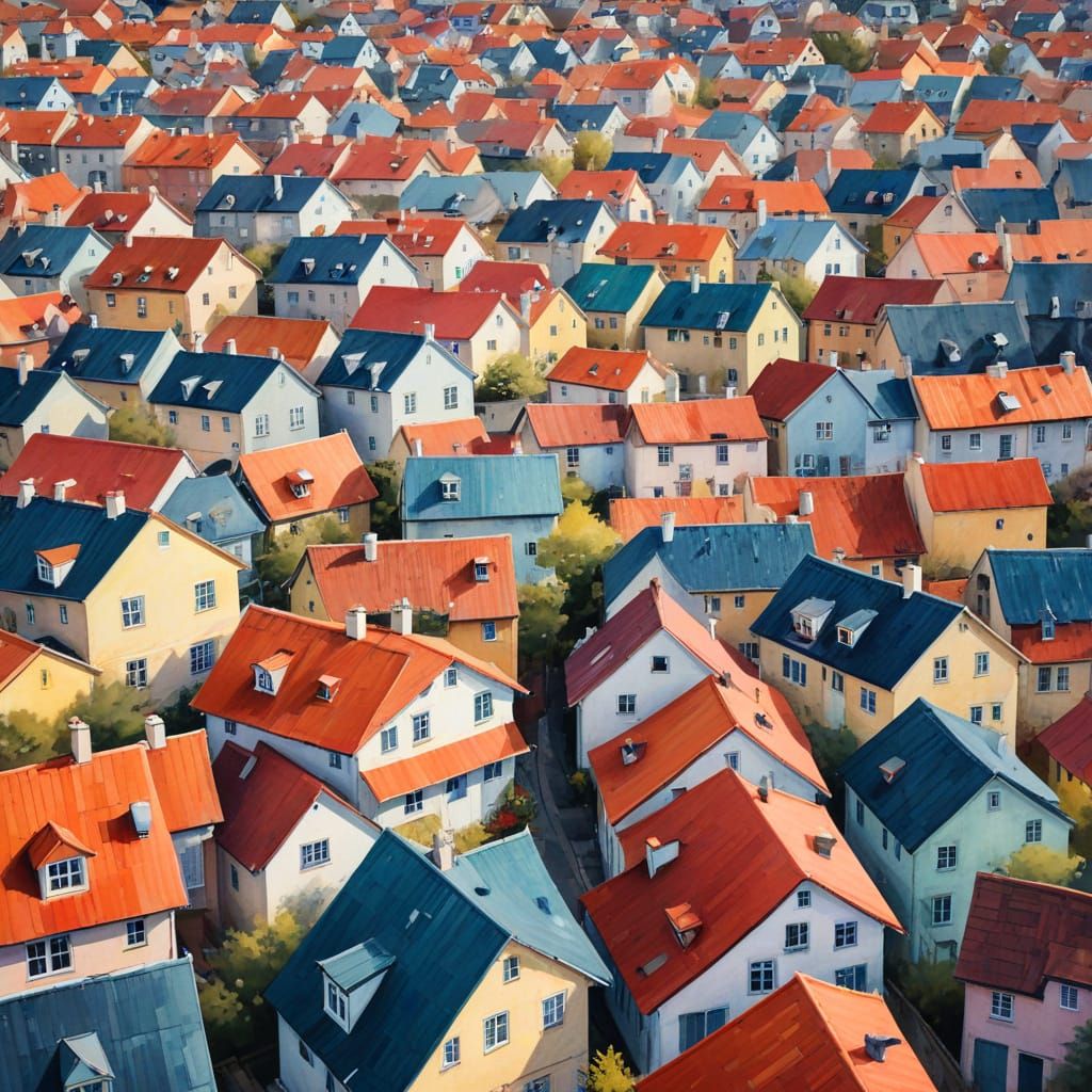 Watercolor Painting of Dense Houses with Vibrant Roofs
