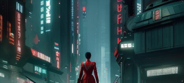 Greg Rutkowski portrait of a beautiful blade runner in a red...