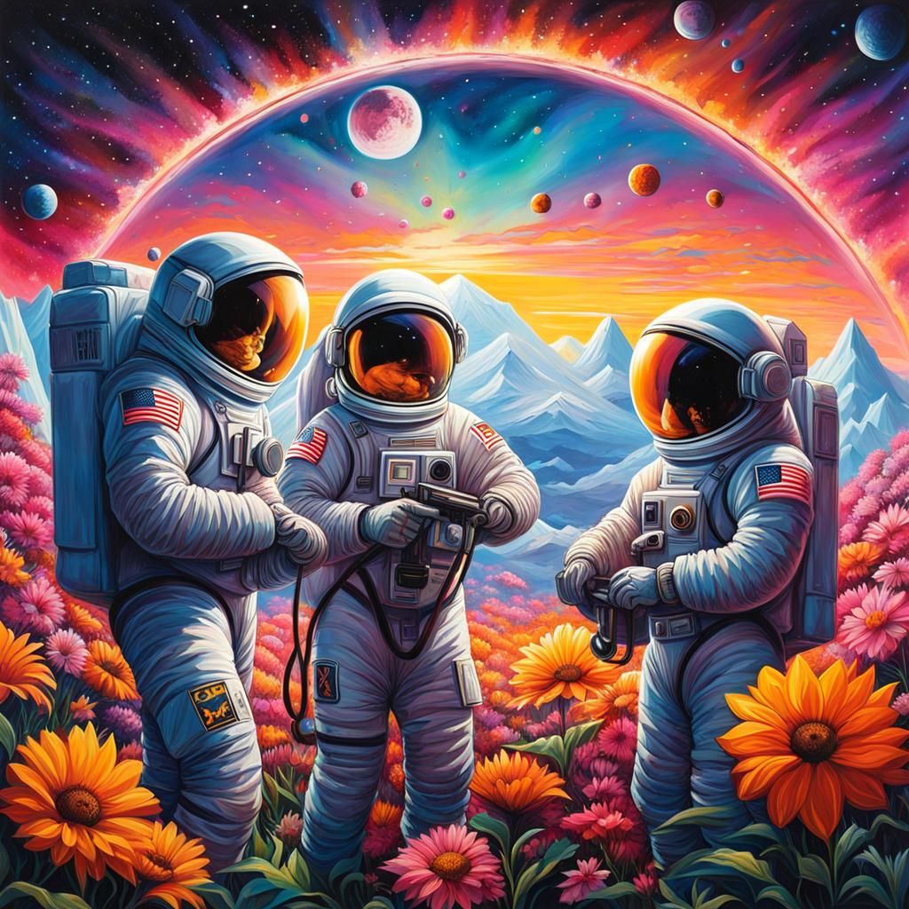 Three men in spacesuits tending to the flowers in a geodesic...