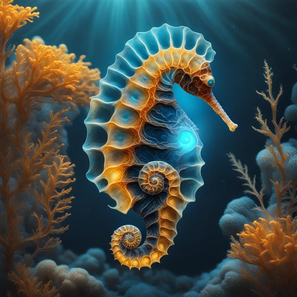 Bioluminescent Ammonite Seahorse - AI Generated Artwork - NightCafe Creator