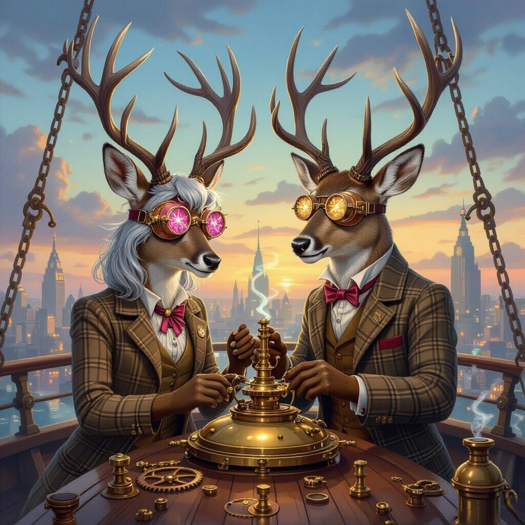 An anthropomorphic stag and an anthropomorphic doe. The doe has medium length silver hair. The stag has very short silve...