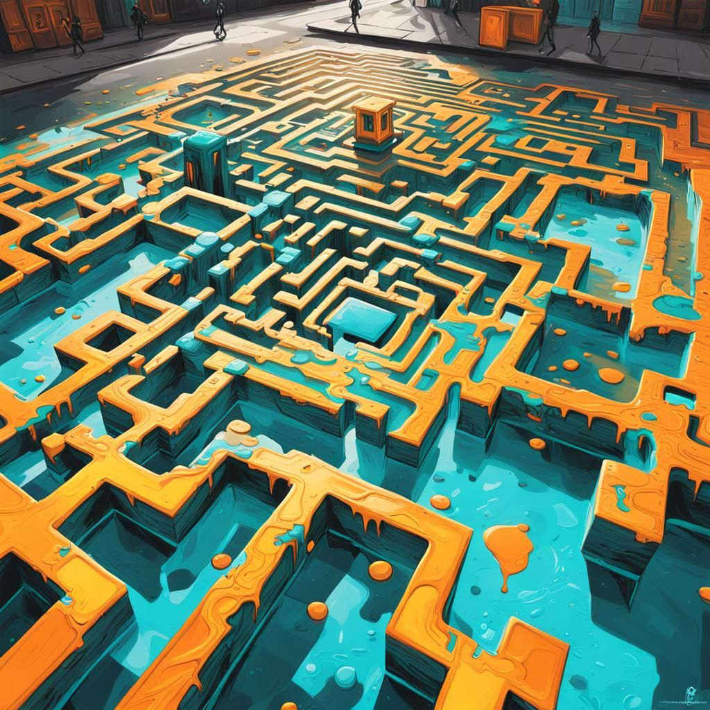 A wizard searches for treasure in the changing labyrinth board game. -watercolor art -orange and teal gould, yellow - paint,melting, high co...