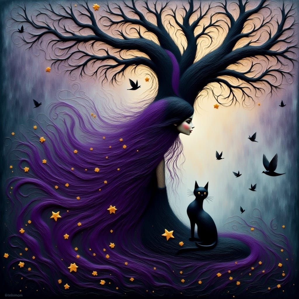 a witch, purple long hair, black cat, sitting under a tree, in the style of Tim Burton and Kohe, swirl oil painting, impasto, Vibrant moder...