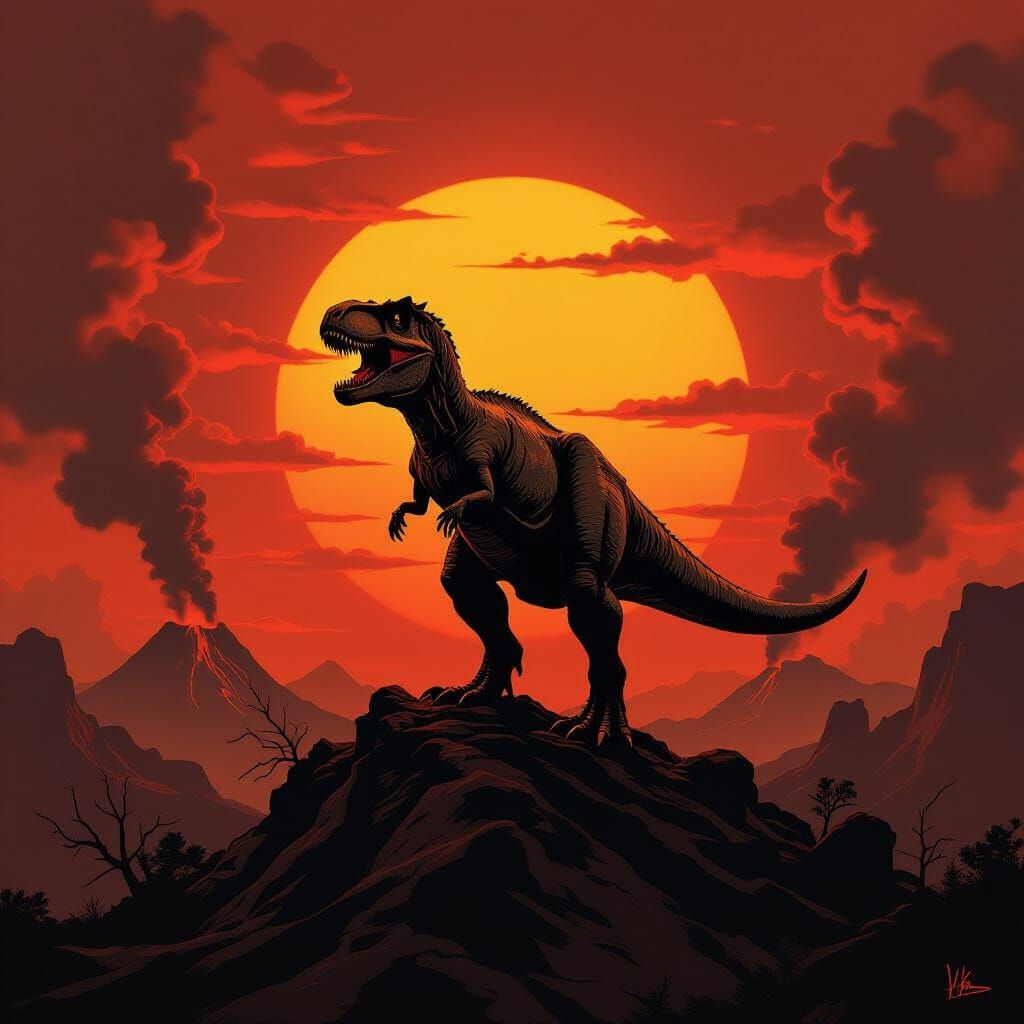 For today's challenge: A lone Tyrannosaurus Rex stands atop a rocky ridge, silhouetted against a fiery ...  by @undefined
