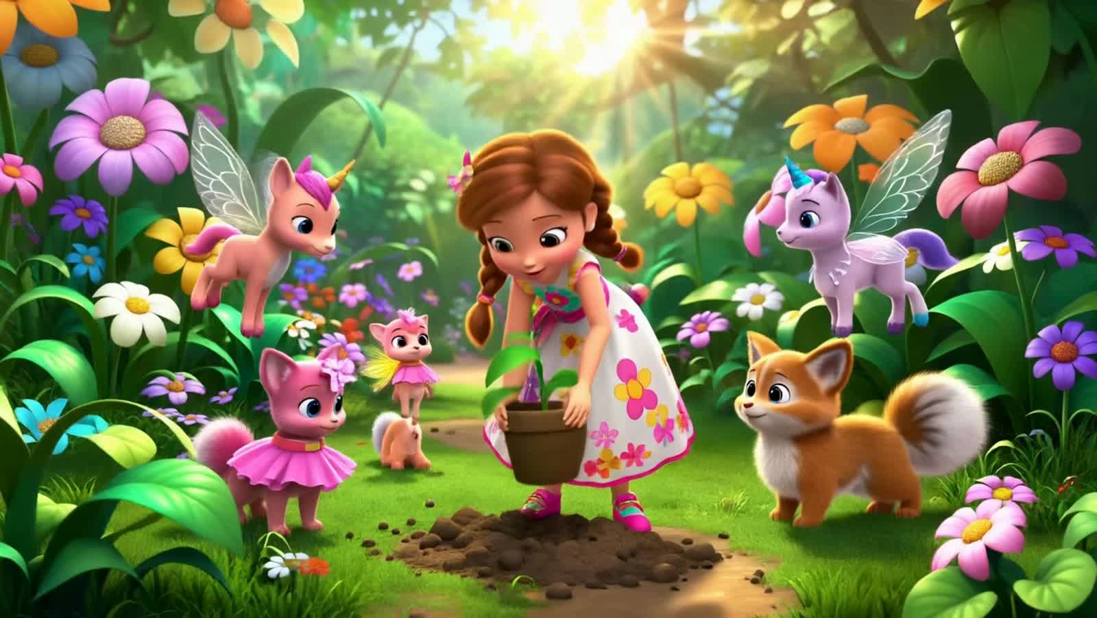 “A cute young girl in a colorful magical garden, planting flowers and smiling, surrounded by happy magical creatures lik...