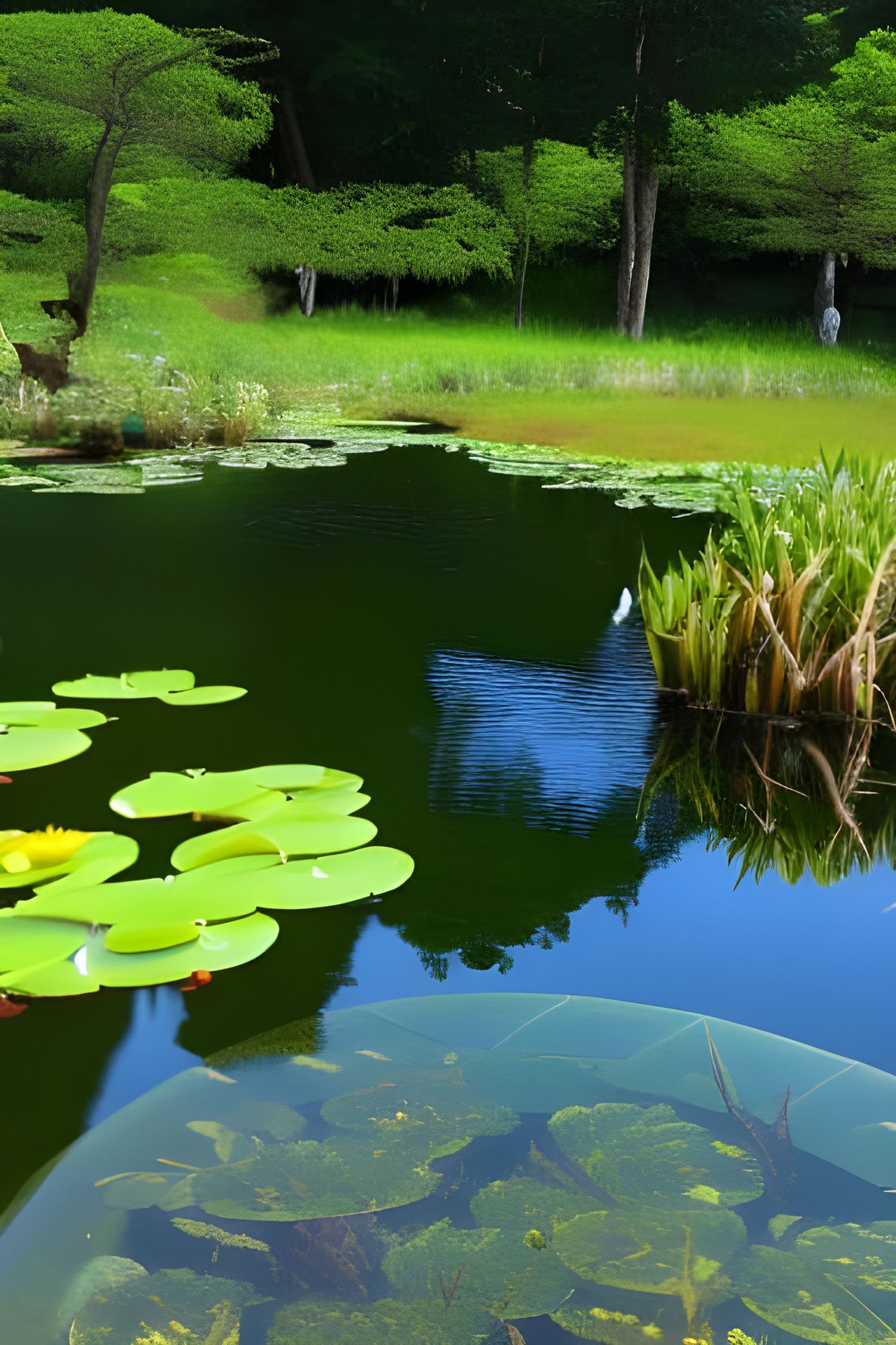 Cristal clear water in 3D, fish, glazed blue crabs and water lillies around the pond, sweet, glazed  by @Astroletter_feed