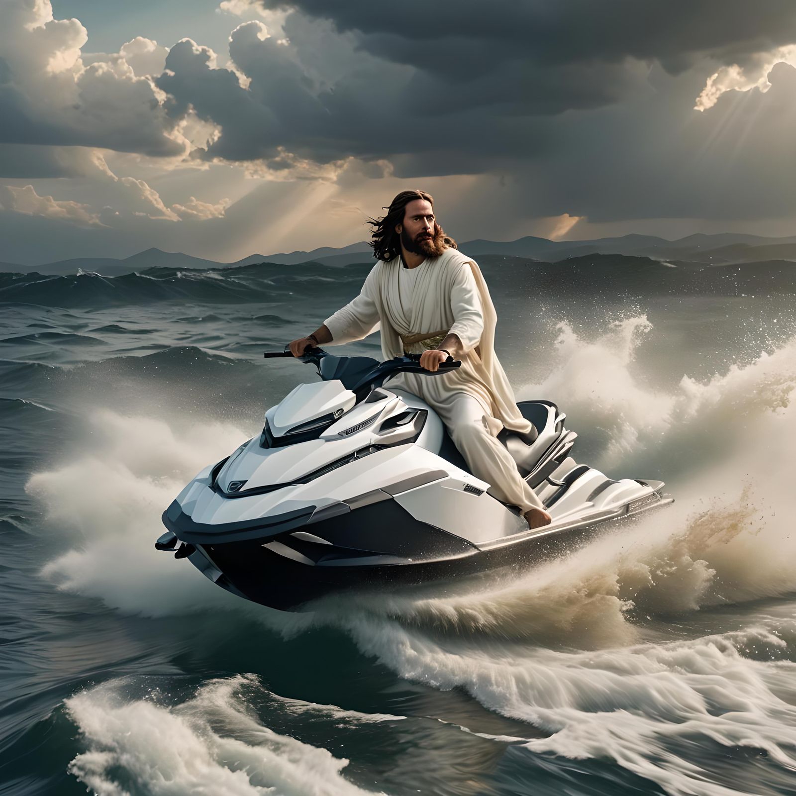 Jesus going over the water (on a jet ski)  by @Exnir26
