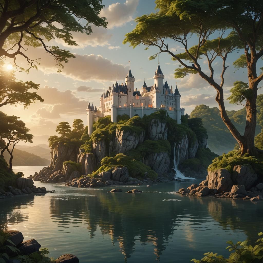 meditation castle surrounded by greenery heavenly old white round calming sunset in the background and breaking waves on rocks and lots of g...