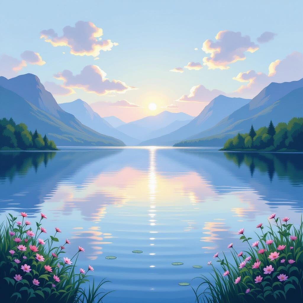 Serene Mountain Lake at Dawn in Impressionist Style