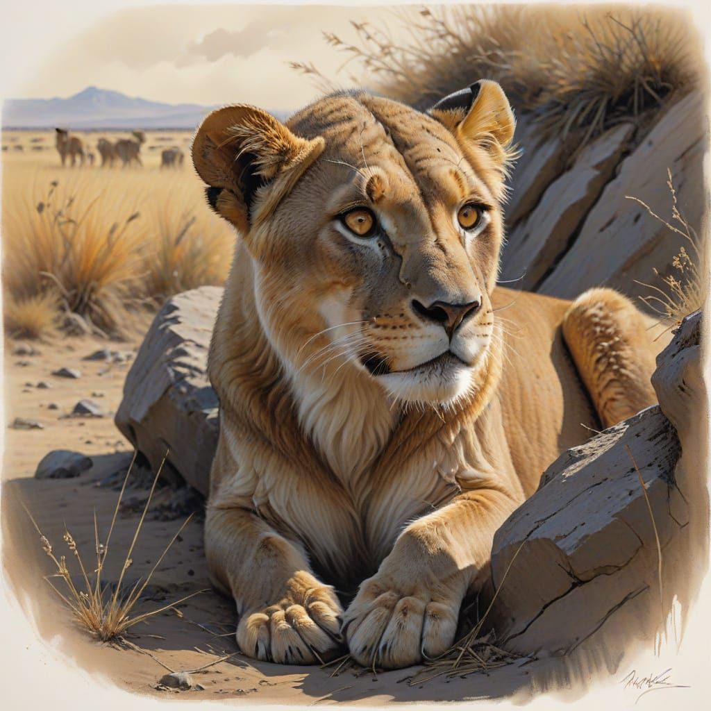 A realistic color graphite drawing of a majestic lioness with tawny golden fur and piercing amber eyes, set against the warm, sun-kissed sav...