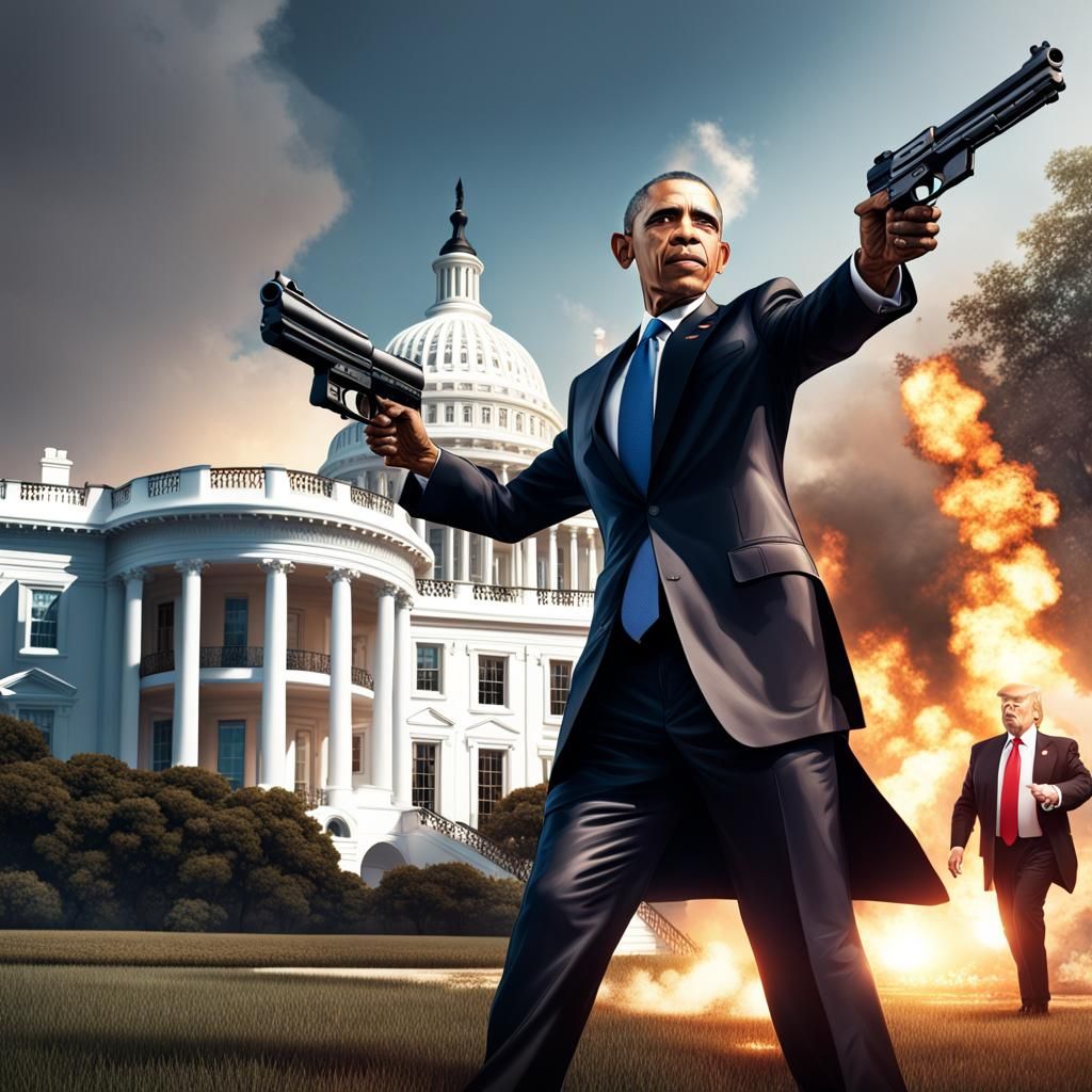 president Obama shooting trump with a gun