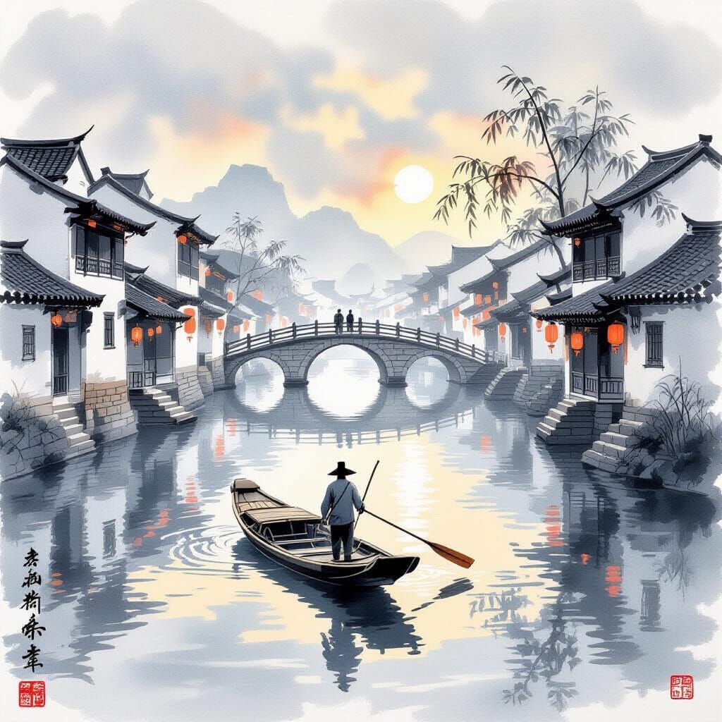 Serene Jiangnan Town at Dawn: Chinese Ink Wash Painting