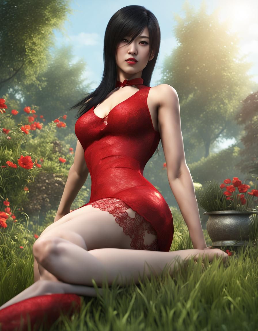 high quality, 8K Ultra HD, ada wong with long black hair, slim and smooth  body and slim thighs, wearing a red high slit dress and lace pant... - AI  Generated Artwork -