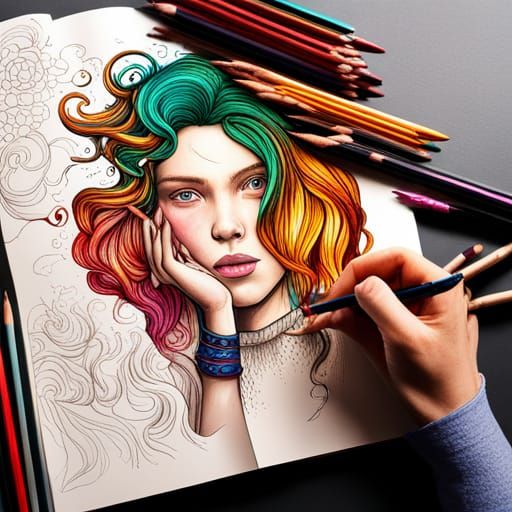 Colouring in book, universe being coloured in, some of the image not coloured, pencils and pens, dynamic ... false