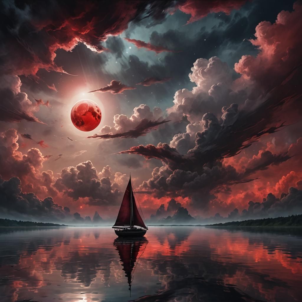 A sail boat is on a lake, a red moon rises over it,   by @Larry_J_Rollason_ART