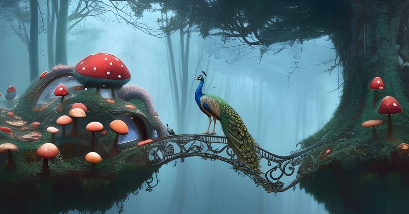 Peacock at the end of a cliff with a bridge leading up to it 