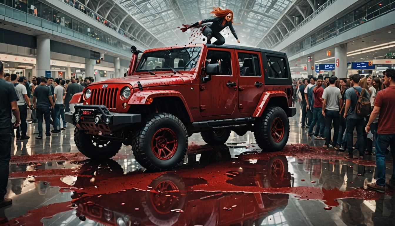 A red Jeep 4x4 drivies crazily down the middle of a crowded Airport Concourse