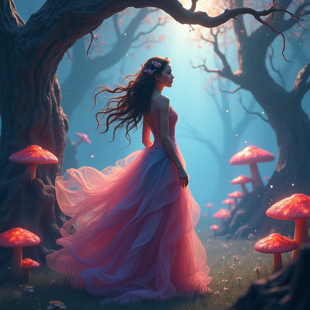 Ethereal Woman in Mystical Starlight Environment