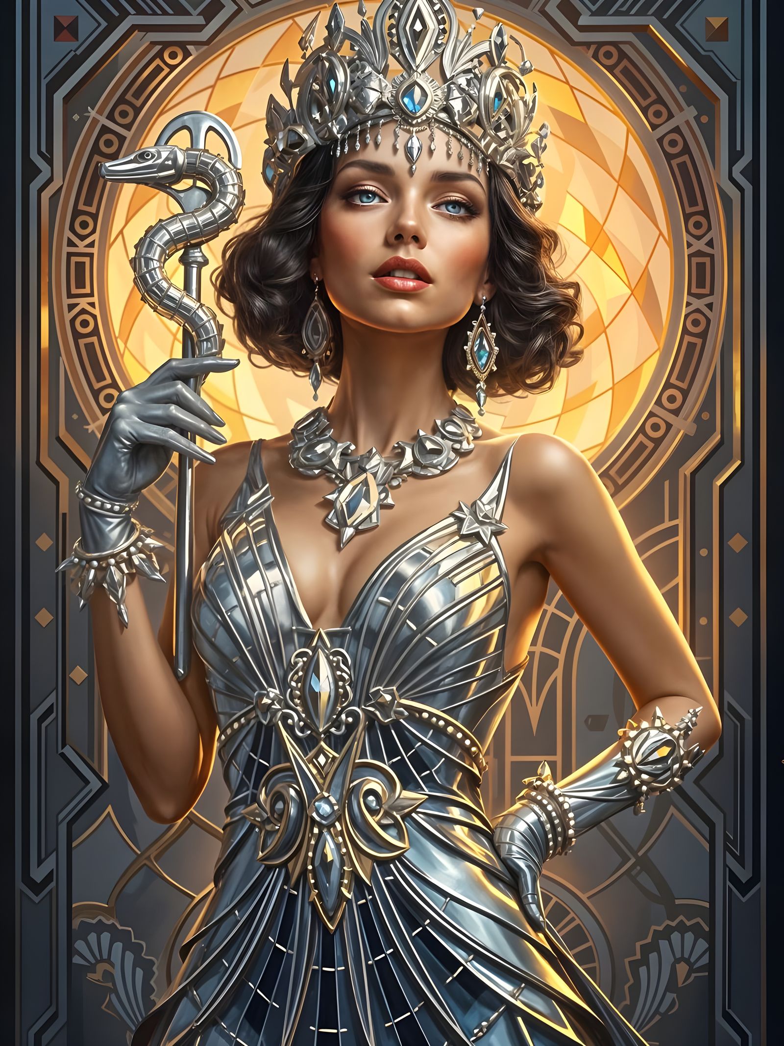 Art Deco Queen of Wands in Chrome