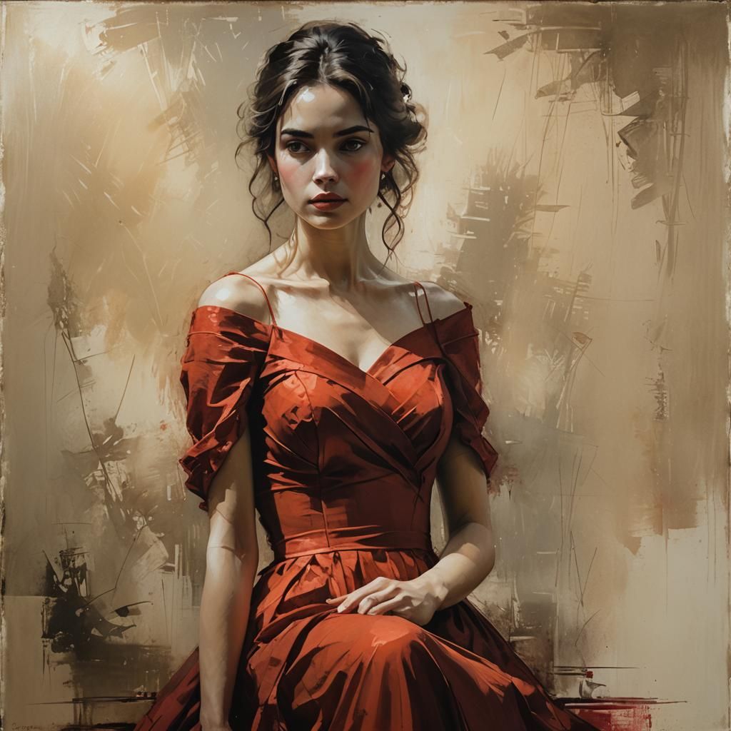 Portrait of a beautiful woman in a red dress, delicate tones...
