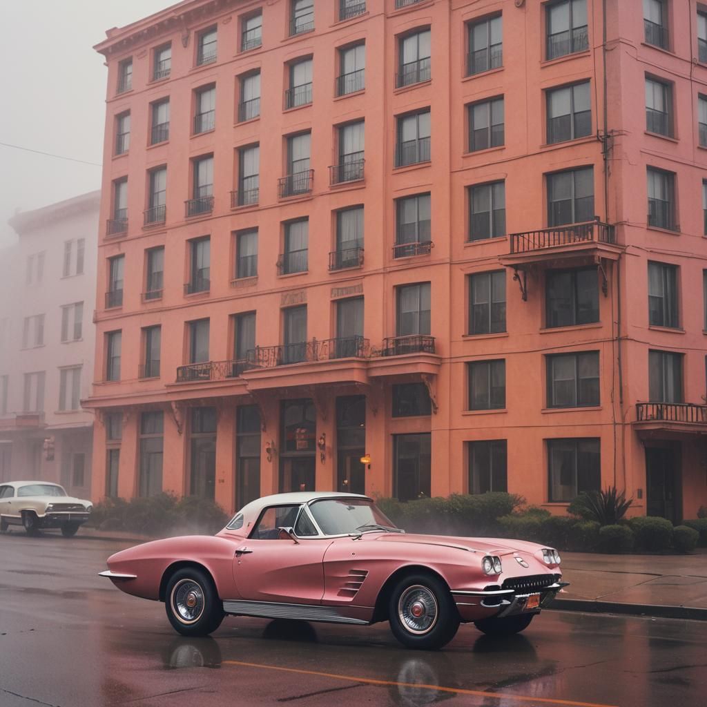 a matte pink 1960s Corvette in front of a bright orange hotel on a foggy day