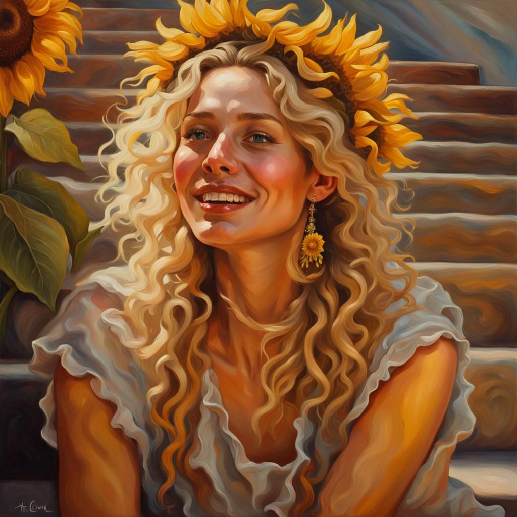 glossy semi-realistic oil caricature of a happy, realistic textured blonde with long curly bohemian hair ...  by @Nednut4362