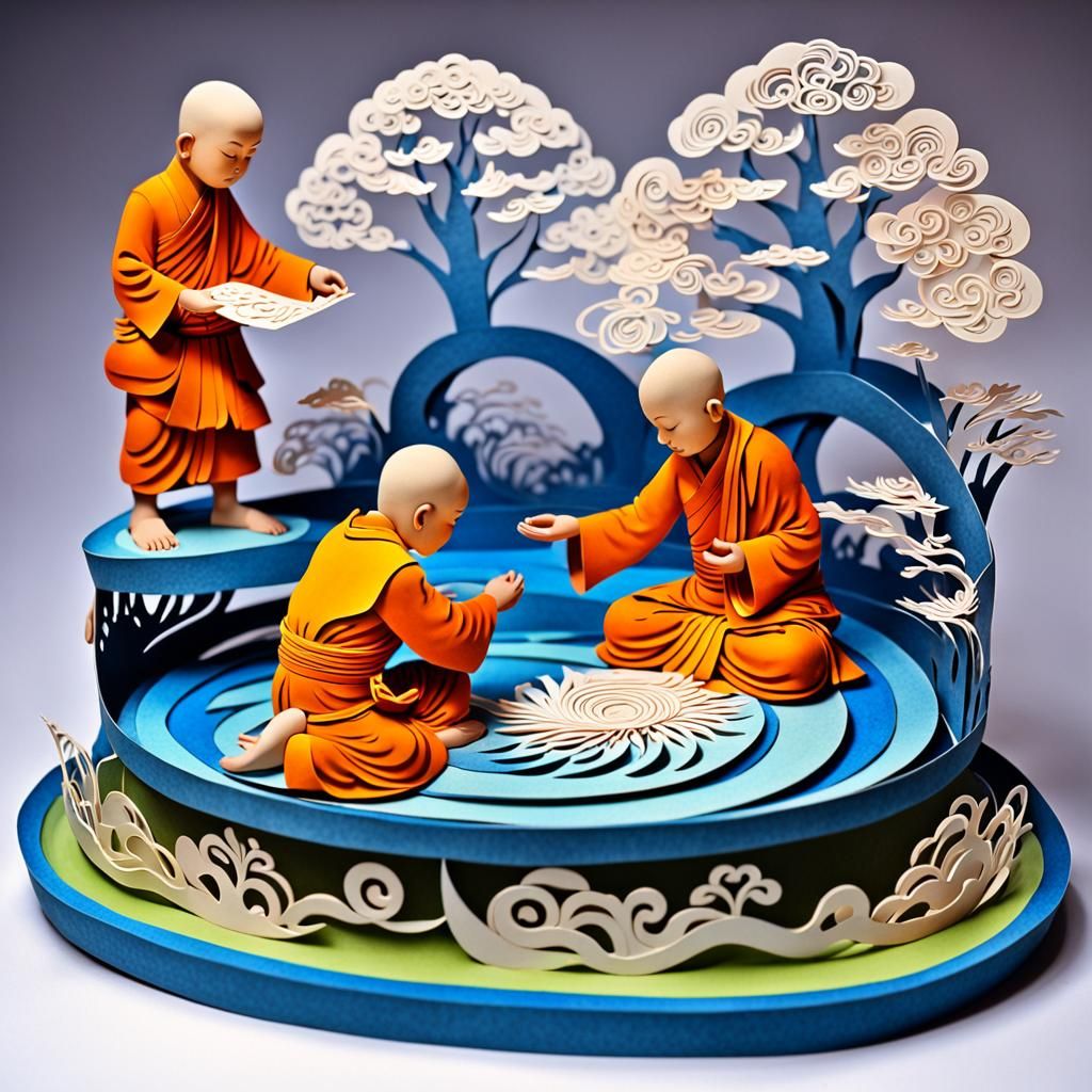 Buddhist Monks creating Kirigami
