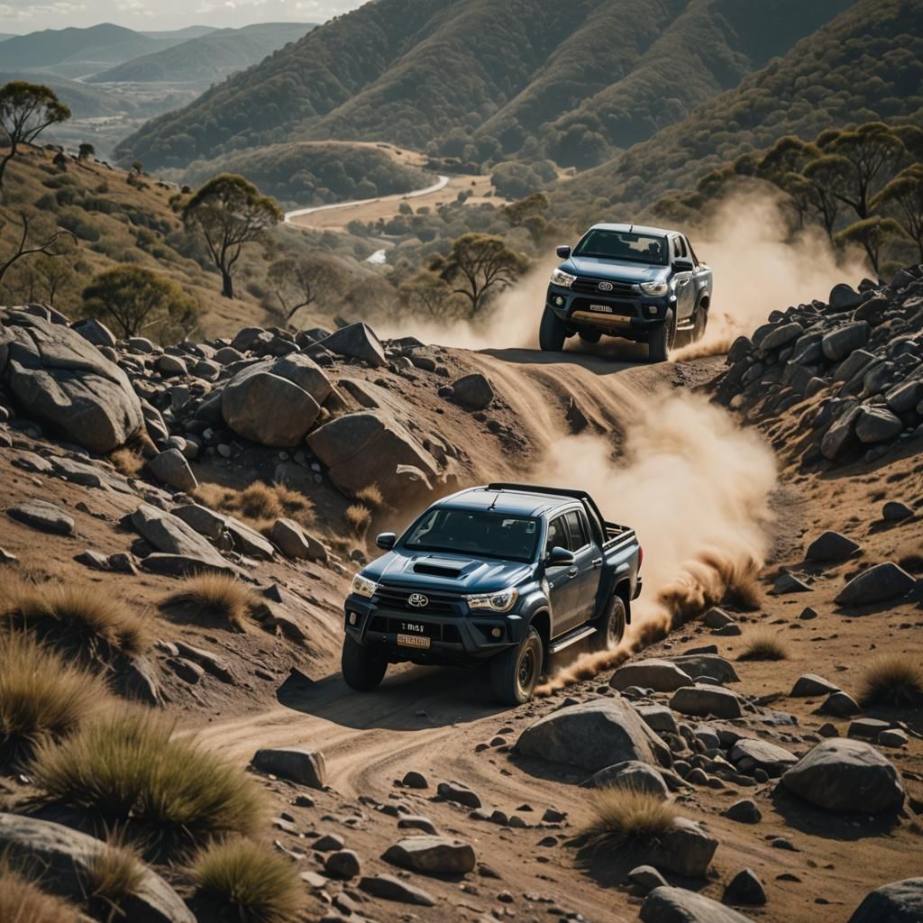 Toyota Hilux SR5 racing down rocky hill