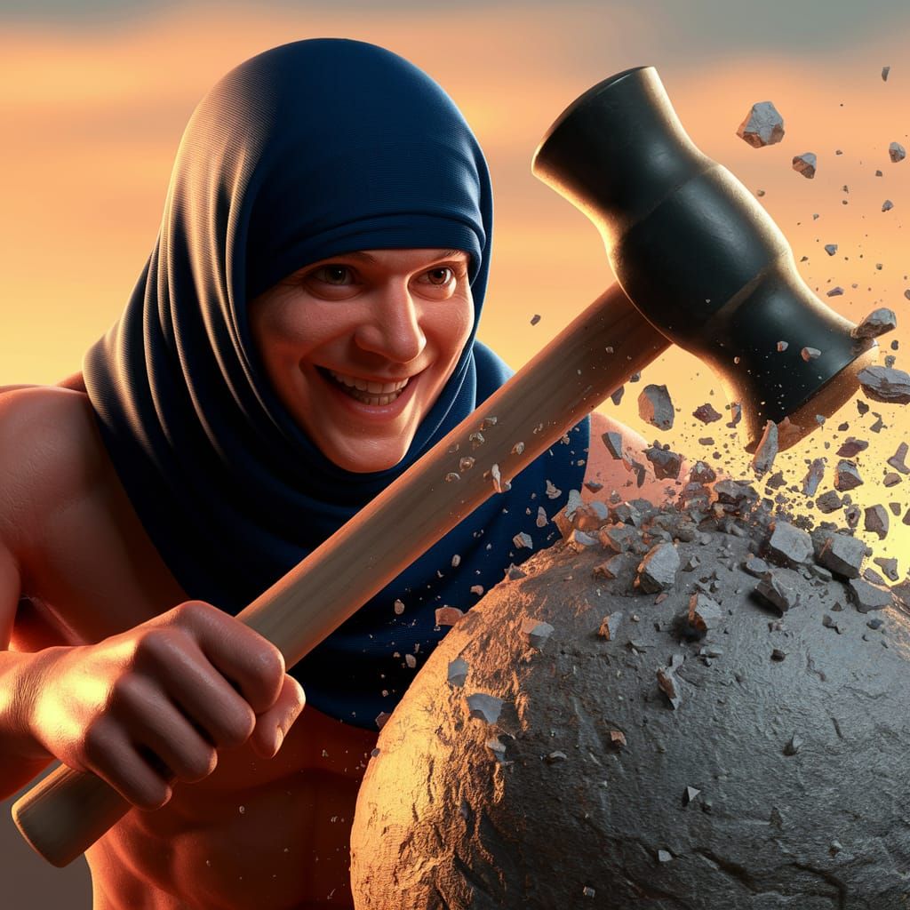 Smiling Face Shatters Stone with Sledgehammer in Golden Suns...