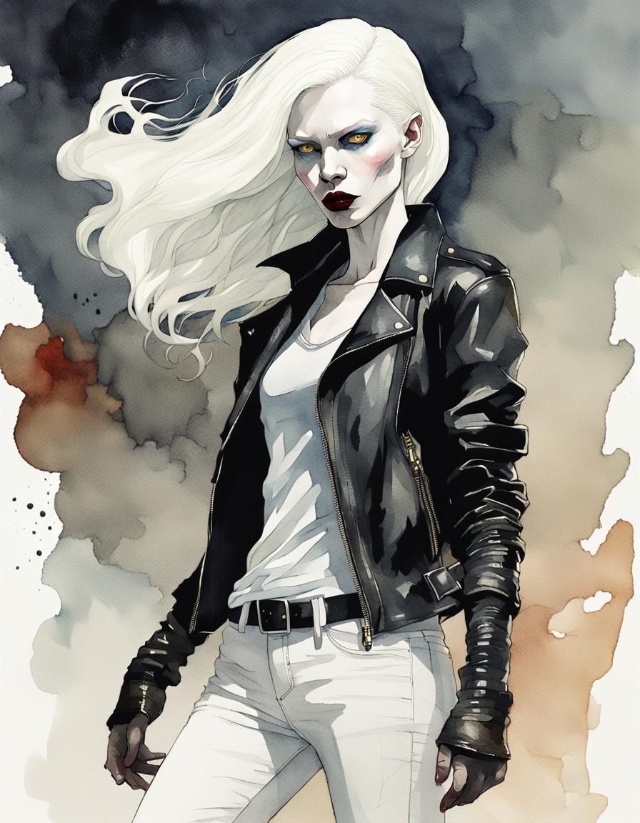 Albino Vampire in Moebius-Style Watercolor Cartoon