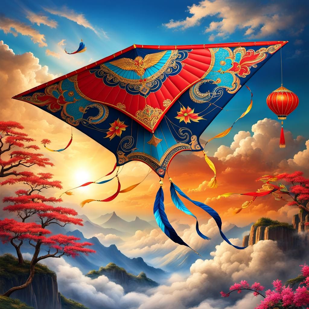 Masterpiece of an elegant kite with lots of oriental ornaments gliding ...