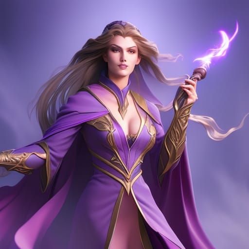 Brave female magician in a purple robe casting a spell.